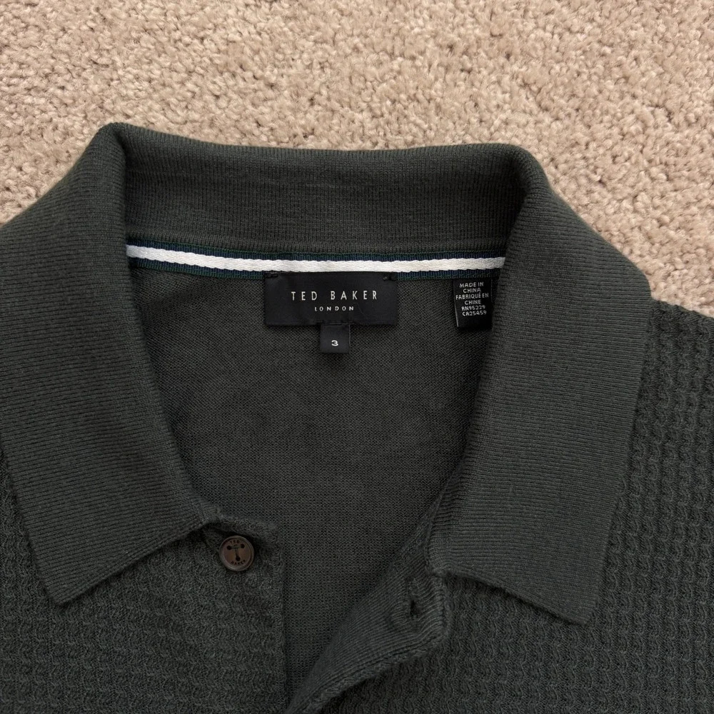 Ted Baker London Oidar Mens Green Textured Knit Button Down Polo Shirt Size 3 M